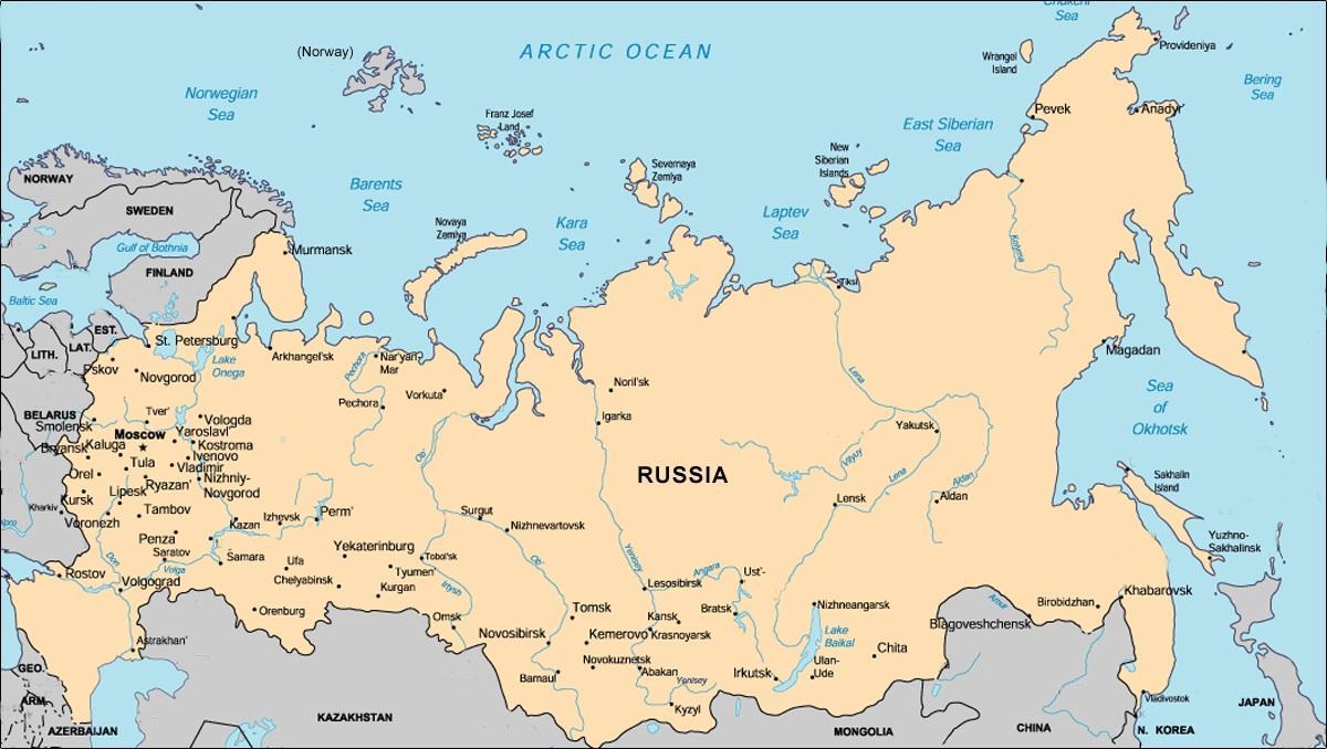 Mapa da Rússia com as principais cidades