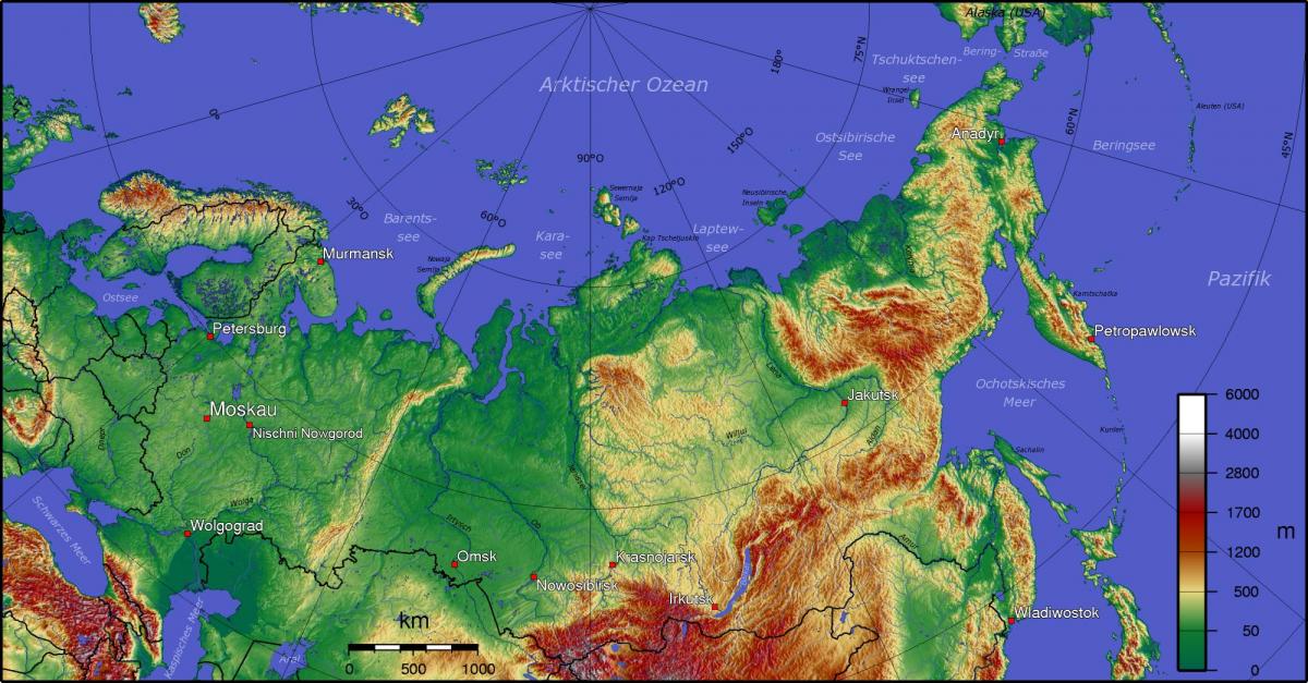 Mapa topográfico da Rússia